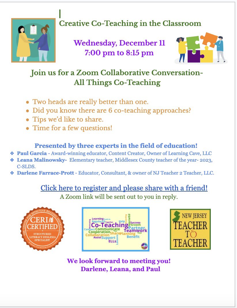 Curious about co-teaching! Come join my fabulous co-teacher, <a href="/MrPaulGarcia/">Paul Garcia</a> <a href="/NJTeacher2Teach/">NJ Teacher 2 Teacher</a> and me for a great session! #liveloveteach #teachloveinspire #coteaching #teacheeadership