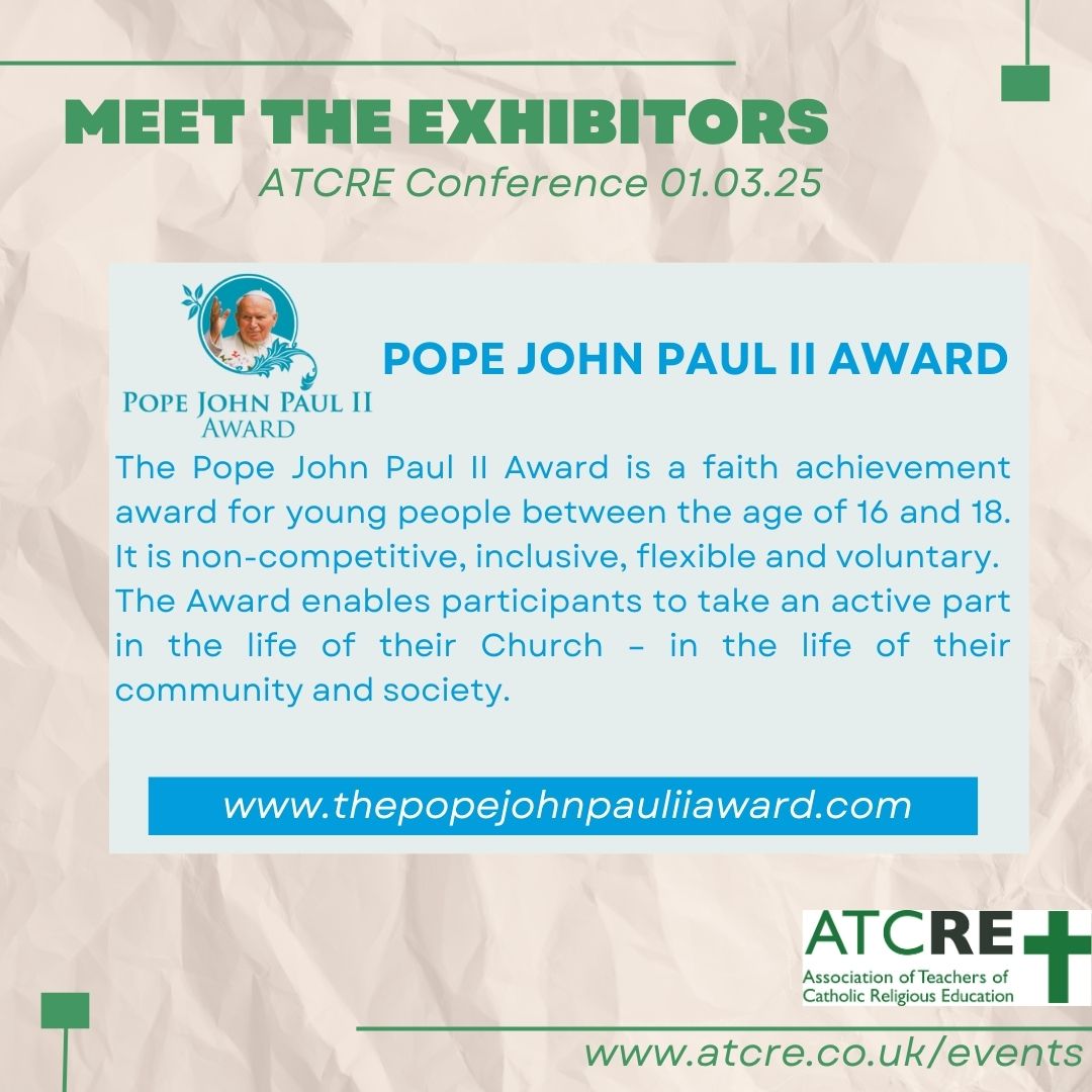 ATCRE_EW's tweet photo. We are delighted to welcome @JP2Award as one of our conference exhibitors. Tickets are now on sale for the ATCRE National RE Conference in Birmingham on Sat March 1st.  The theme is 'Scripture at the heart'.   Tickets at https://t.co/XnWyZLHO2X #ATCRE2025 https://t.co/iWspmgnEZt