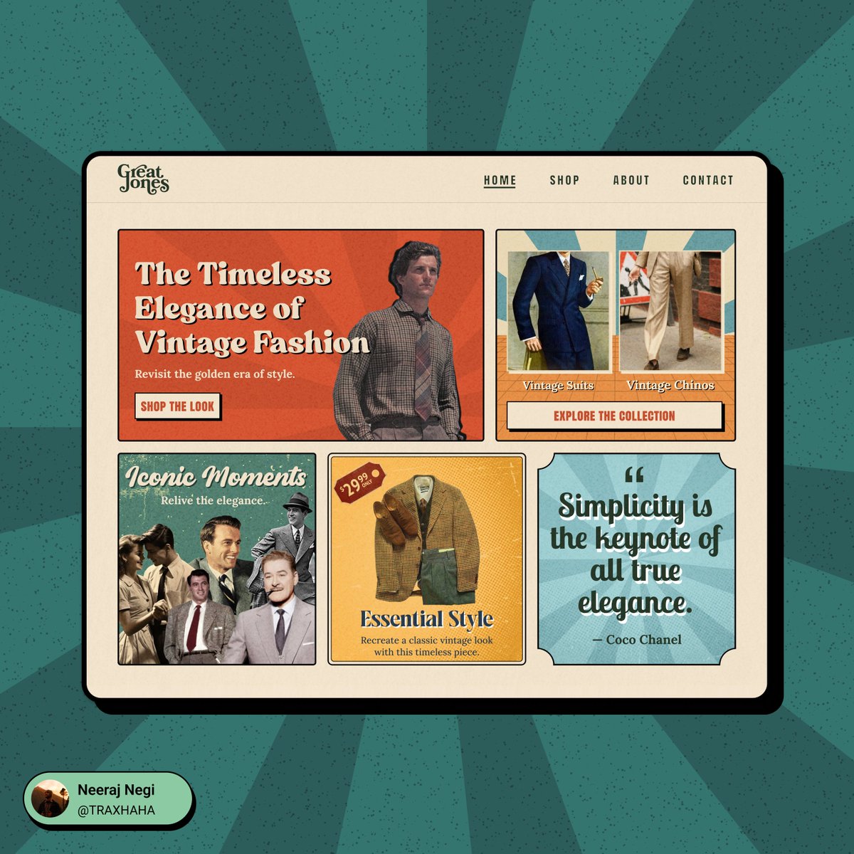 TRAXHAHA's tweet photo. @getcreatr Day 2 Submission for
@getcreatr
Prompt : You are a web UI designer. Create a 5 section bento grid for a fashion brand. But it's from 1940's.  #sundaysubmission #bento https://t.co/YqWb1F7bKC