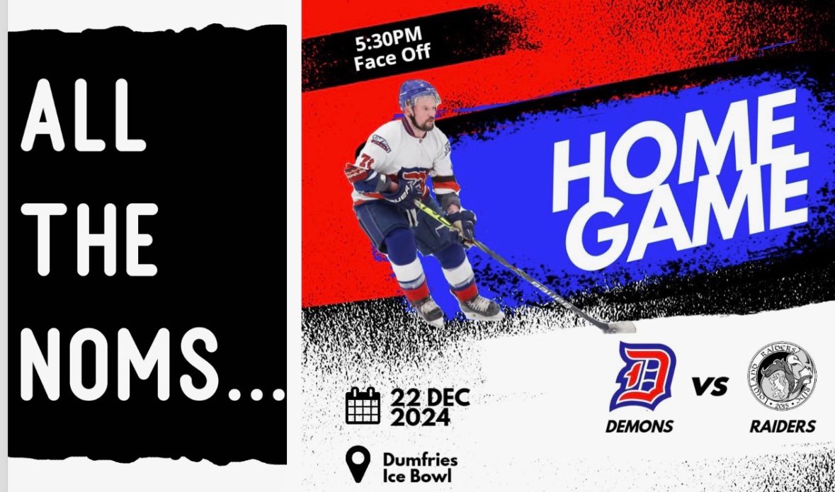 Next up for the Demons - a home game against our neighbours the Lowland Raiders. 

🗓️ Sunday 22nd December
⏰ 5:30pm
📍 Dumfries Ice Bowl
🎟️ Free entry
🆚 Lowland Raiders