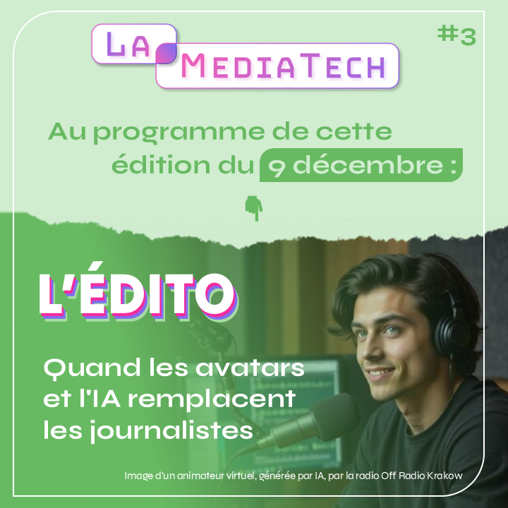 lamediatechesj's tweet photo. 📬Voici le sommaire de la 3ème édition de la Média'Tech !

👉 On reçoit Clémence Duranton pour parler du magazine "Multi". On s'intéresse aussi au coût environnemental de l'IA, et aux avatars qui remplacent des journalistes.

📅RDV demain 

👉Pour s’abonner, ça se passe en bio ! https://t.co/6Ejo5EQvhw