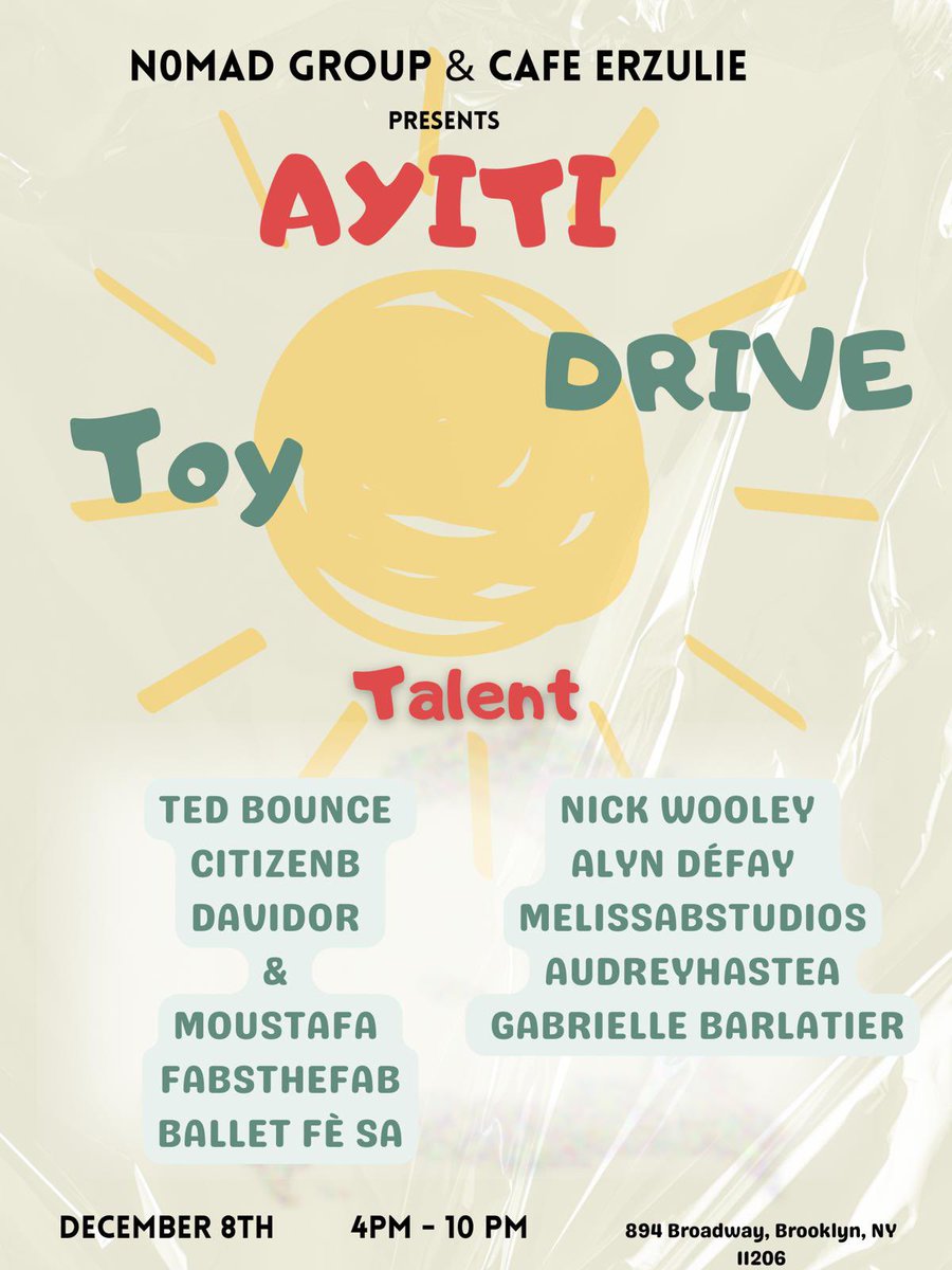 melissabstudios's tweet photo. Happening TODAY🎄🎁
Join us at Café Erzulie for the Ayiti Toy Drive
🗓️ Dec 8, 2024 
⏰ 4 PM - 10 PM
📍 894 Broadway, Brooklyn, NY

A night of unity and culture to support families in Haiti this Holiday Season 🇭🇹✨

Tickets: https://t.co/0BHm2L8HtD
Donate: https://t.co/GCIUKZc9gH https://t.co/JapZHtJEQ3