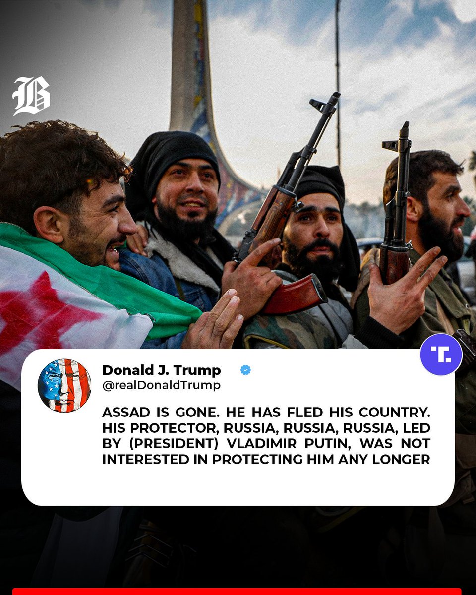 BarlamanToday's tweet photo. U.S. President-elect Donald Trump reacted on Sunday to Syrian President Bashar al-Assad fleeing the country after rebels seized control of Damascus, linking it to Russia's withdrawal of support as a key factor in Assad's downfall, Reuters reported.

#Russia #Syria #Trump #Asaad https://t.co/9vK4MVeVck