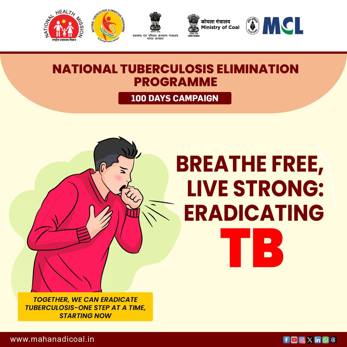 mahanadicoal's tweet photo. 𝟭𝟬𝟬 𝗗𝗔𝗬𝗦 𝗧𝗢 𝗗𝗘𝗙𝗘𝗔𝗧 𝗧𝗕!

Join the National Tuberculosis Elimination Programme's 100 Days Campaign and take a step toward a TB-free nation.
Together, let's strengthen awareness, promote early detection, and ensure timely treatment to eradicate Tuberculosis for good. Every effort counts—your participation can save lives.
Let’s unite for a healthier, stronger tomorrow!

#TBFreeIndia #EndTBMission #NLEP2024 #StopTB #TBFreeFuture #TBMuktBharat #TBHaregaDeshJeeyega #EndTB #100DaysofTBElimination #TBMuktBharatAbhiyan #MyMCL #MCLCares

@CoalIndiaHQ @CoalMinistry @MoHFW_INDIA @TBHDJ @TbDivision @kishanreddybjp @satishdubeyy @JPNadda @PIB_India @PIBBhubaneswar