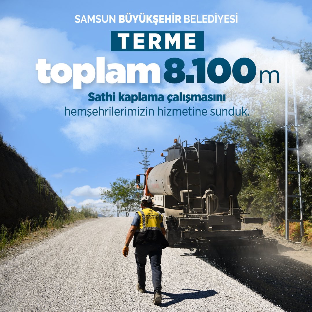 samsunbsb's tweet photo. 📍Terme’mizde gönüllere giden yollar yapıyoruz..👷🚜

🚧31 Mart’tan bugüne Terme İlçemizde;
📌8.100 m sathi kaplama yol çalışması,
📌5.500 m beton yol çalışması,
📌1.350 m sathi kaplama yol çalışması ve çeşitli bakım onarım faaliyetlerimizi tamamladık.

17 ilçemizi evimiz bilerek, belirli bir planlama dahilinde yol çalışmalarımızı sürdürüyoruz.