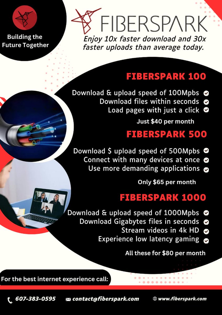 fiberspark's tweet image. Need lightning-fast internet? Fiberspark’s got you covered!

100 Mbps – $40/month
500 Mbps – $65/month
1000 Mbps – $80/month
Call: 607-383-0595 | Email: contact@fiberspark.com

#Fiberspark #FastInternet #ConnectivityMadeEasy