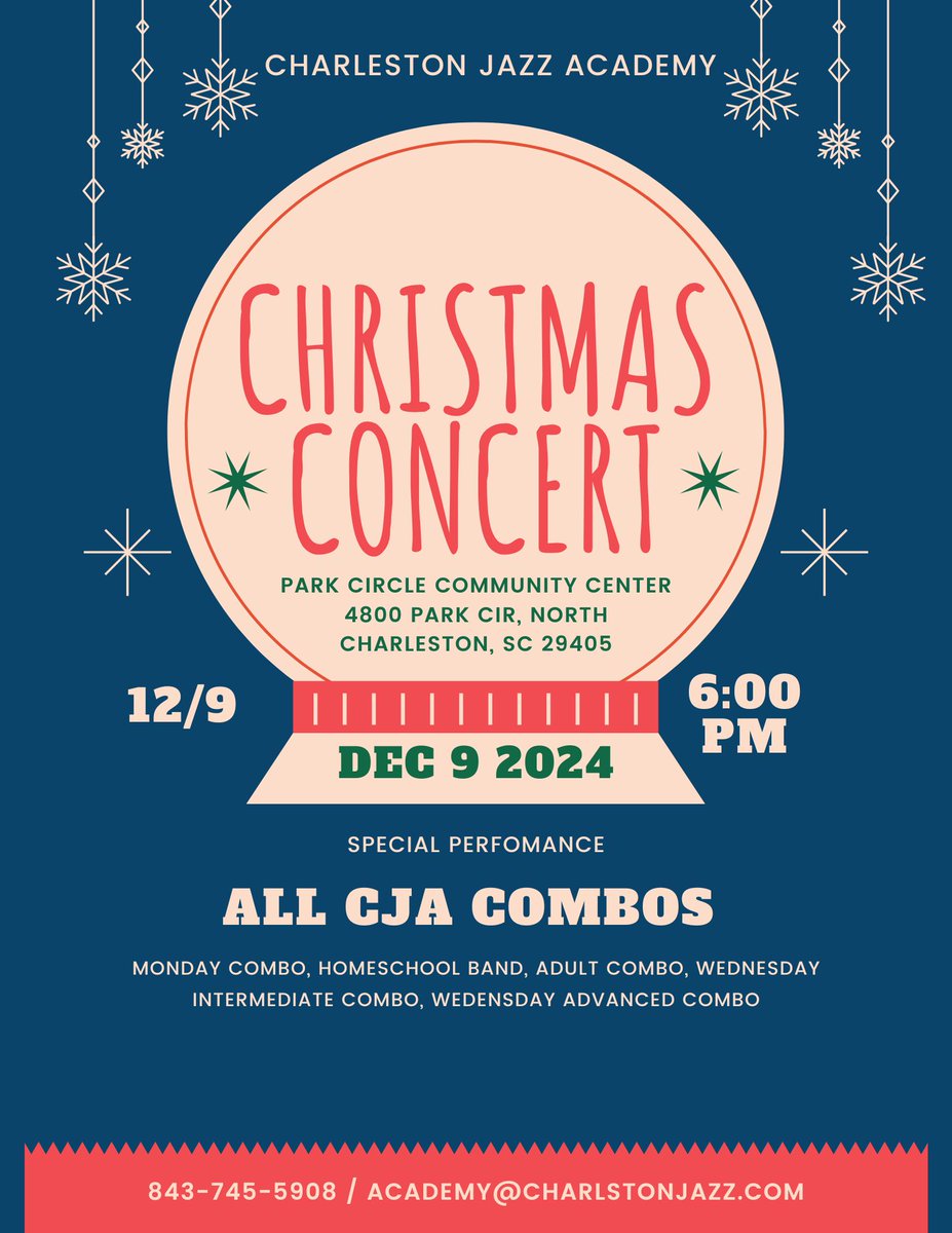 Join us for a Charleston Jazz Academy combo Christmas concert tomorrow, Monday 9th at the Park Circle Community Center at 6PM!

 #CharlestonJazz #JazzConcert #LiveMusic #CharlestonEvents #ParkCircle #ChristmasConcert #JazzAcademy