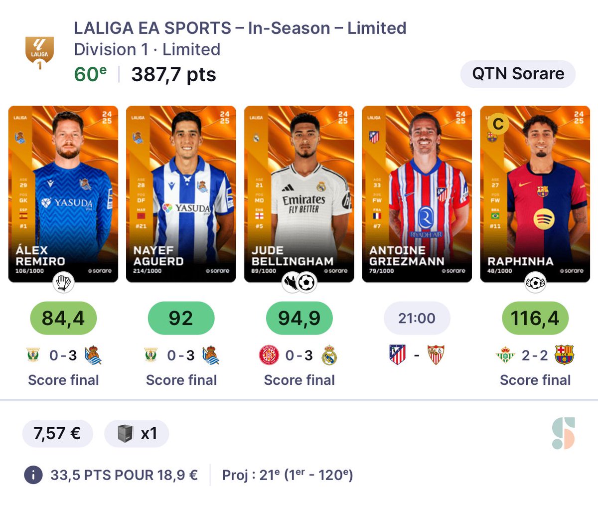 ✅ CS de Sociedad ! Je vais donc désigner un vainqueur pour Digne parmi les RT du 1er tweet dans quelques minutes👇

🎁 On enchaîne 7ème giveaway #Sorare du jour 🎅🏼

Si Griezmann sort un 💯 (synonyme de potentielle 1ere place) alors j’offre une carte carte d’Antoine Griezmann