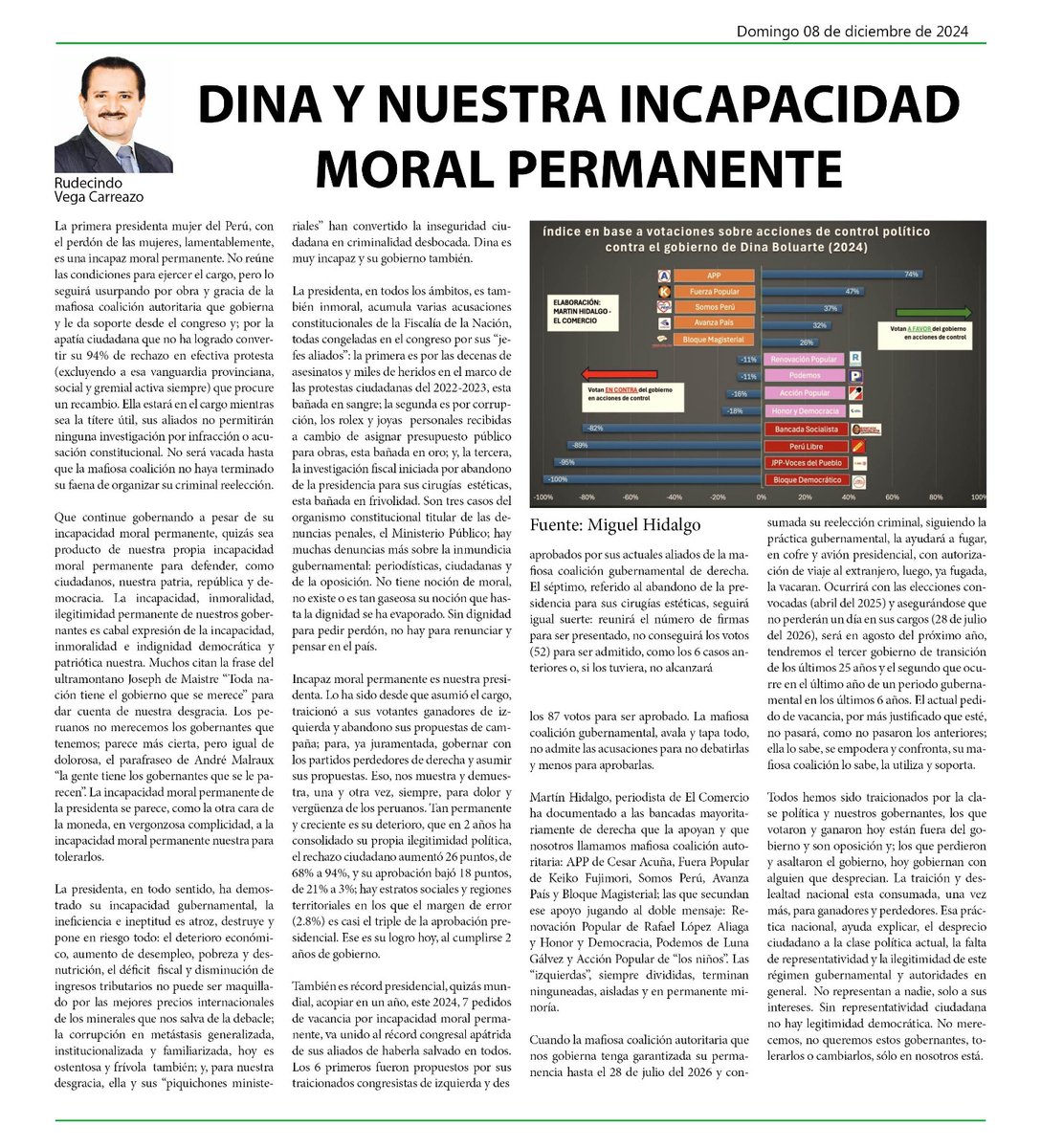 RudecindoVega's tweet photo. Ayudame a compartir
"Cuando la mafiosa coalición autoritaria que nos gobierna tenga garantizada su permanencia hasta el 28 de julio del 2026 y consumada su reelección criminal, siguiendo la práctica gubernamental, la ayudará a fugar, en cofre y avión presidencial, con autorización de viaje al extranjero, luego, ya fugada, la vacaran. Ocurrirá con las elecciones convocadas (abril del 2025) y asegurándose que no perderán un día en sus cargos (28 de julio del 2026), será en agosto del próximo año, tendremos el tercer gobierno de transición de los últimos 25 años y el segundo que ocurre en el último año de un periodo gubernamental en los últimos 6 años. El actual pedido de vacancia, por más justificado que esté, no pasará, como no pasaron los anteriores; ella lo sabe, se empodera y confronta, su mafiosa coalición lo sabe, la utiliza y soporta."