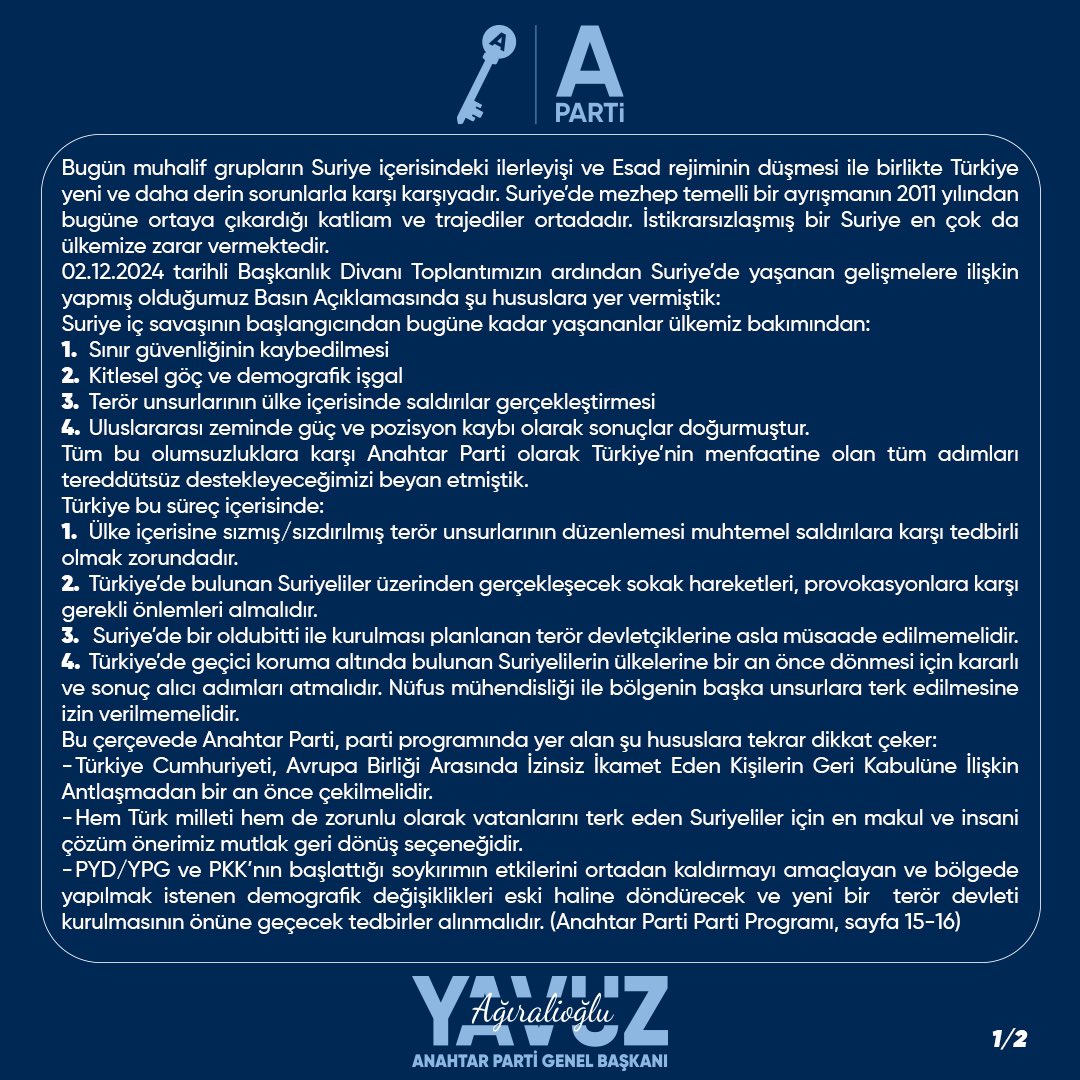 anahtarparti's tweet photo. Suriye'de yaşanan son gelişmelere ilişkin açıklamamız: https://t.co/tTjtGhXzEy