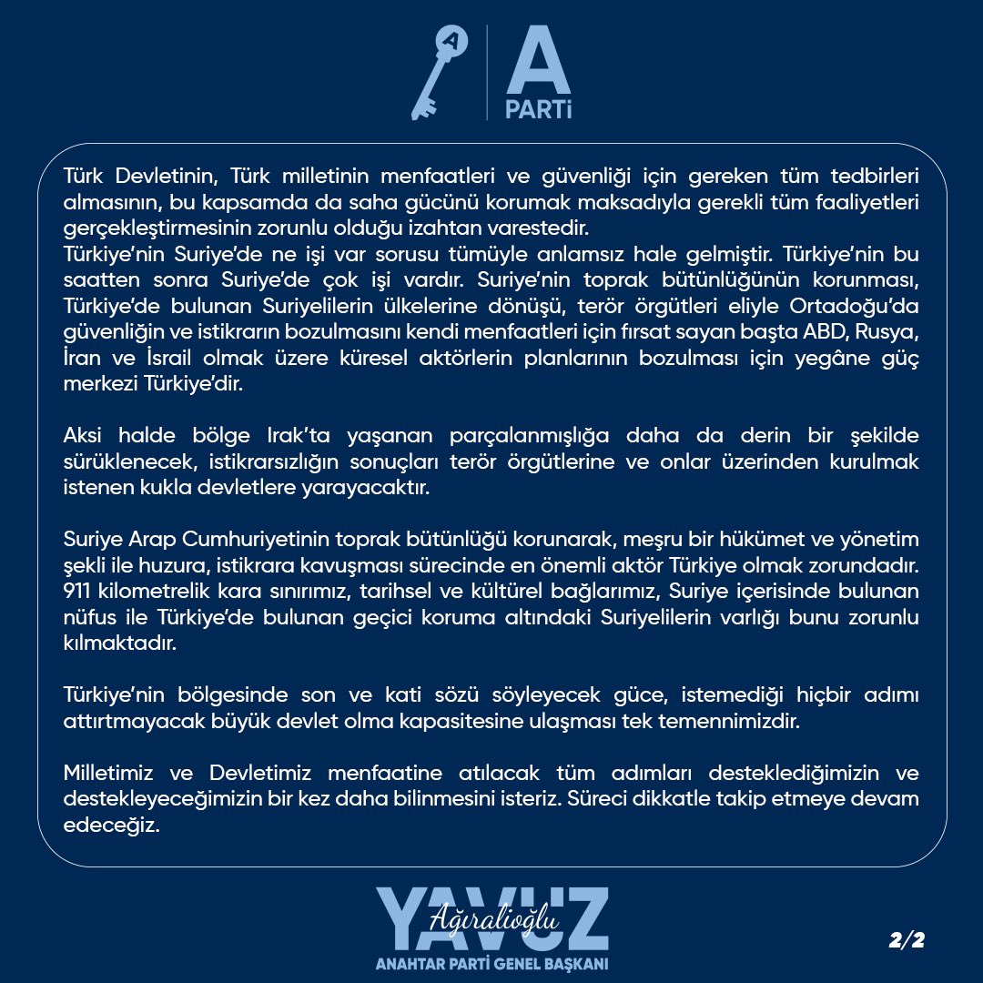 Suriye'de yaşanan son gelişmelere ilişkin açıklamamız: