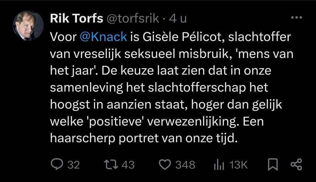 Zoals het in de Bijbel staat: wie nog nooit zijn echtgenote jarenlang gedrogeerd heeft en door een man of honderd heeft laten verkrachten, werpe de eerste steen.