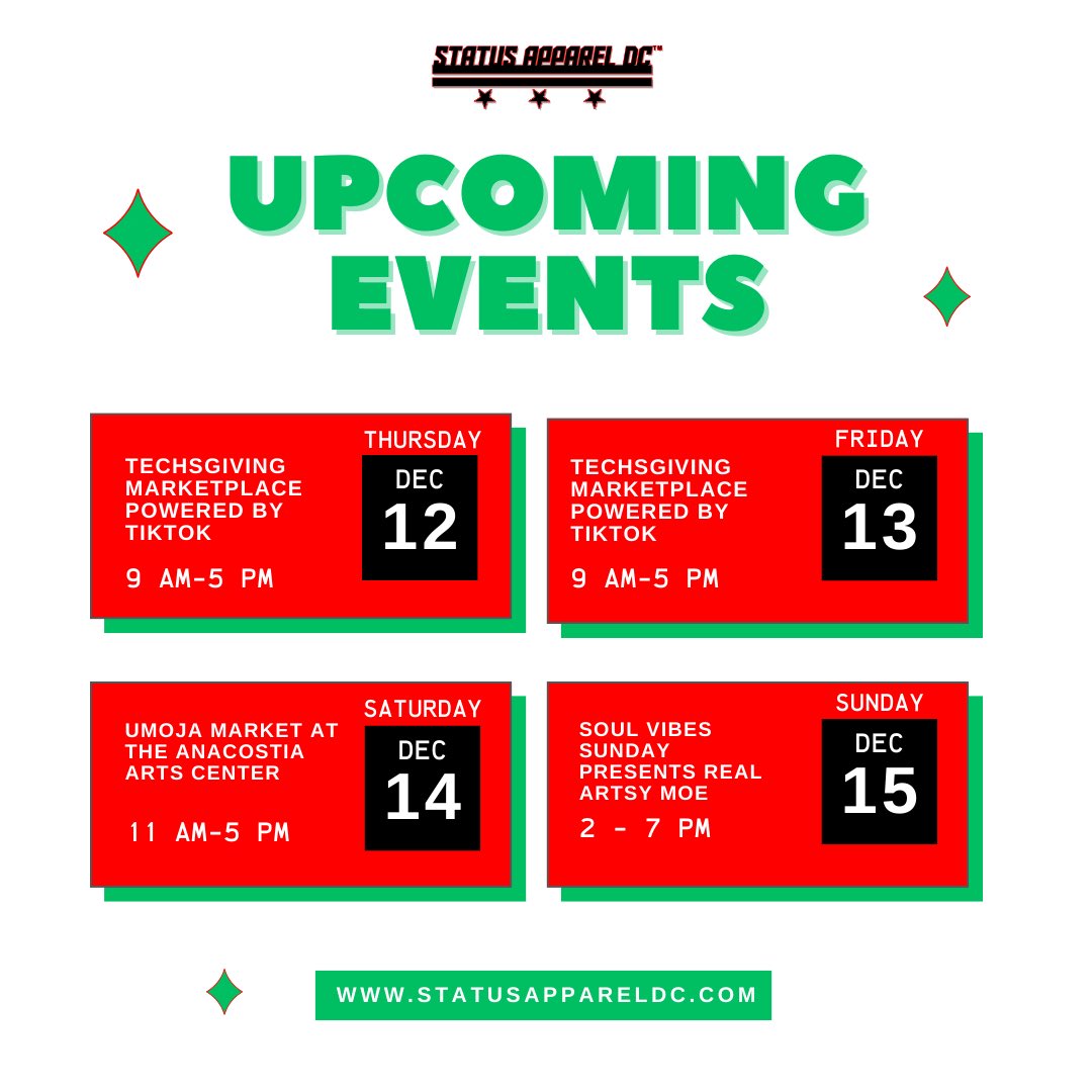 StatusGang's tweet photo. 🚨‼️Action-packed week ahead 🚨
•12/12-12/13: Catch us at the @Techsgiving Marketplace powered by TikTok at The Kennedy Center, DC.
•12/14: Umoja Market @anacostiaarts, 1231 Marion Barry Ave SE, 11 AM–5 PM.
•12/15: “Real Artsy Moe” 🎨⚡️Mount Rainier MD, 2 PM–7 PM. https://t.co/FwAua0eN3y