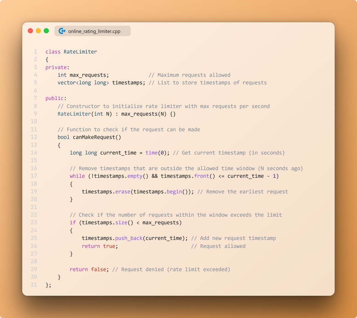 umerfayyaz_'s tweet photo. Daily Code Day 3: Rate Limiter in C++ 🚀
Tired of overloads and DDoS attacks? This Rate Limiter keeps your server in check by tracking requests and denying excess. Simple, efficient, and deadly to chaos. ⏱️
#RateLimiter #Cplusplus #WebSecurity #APISecurity #DDoSProtection #dsa https://t.co/SnC5ZITS1Q