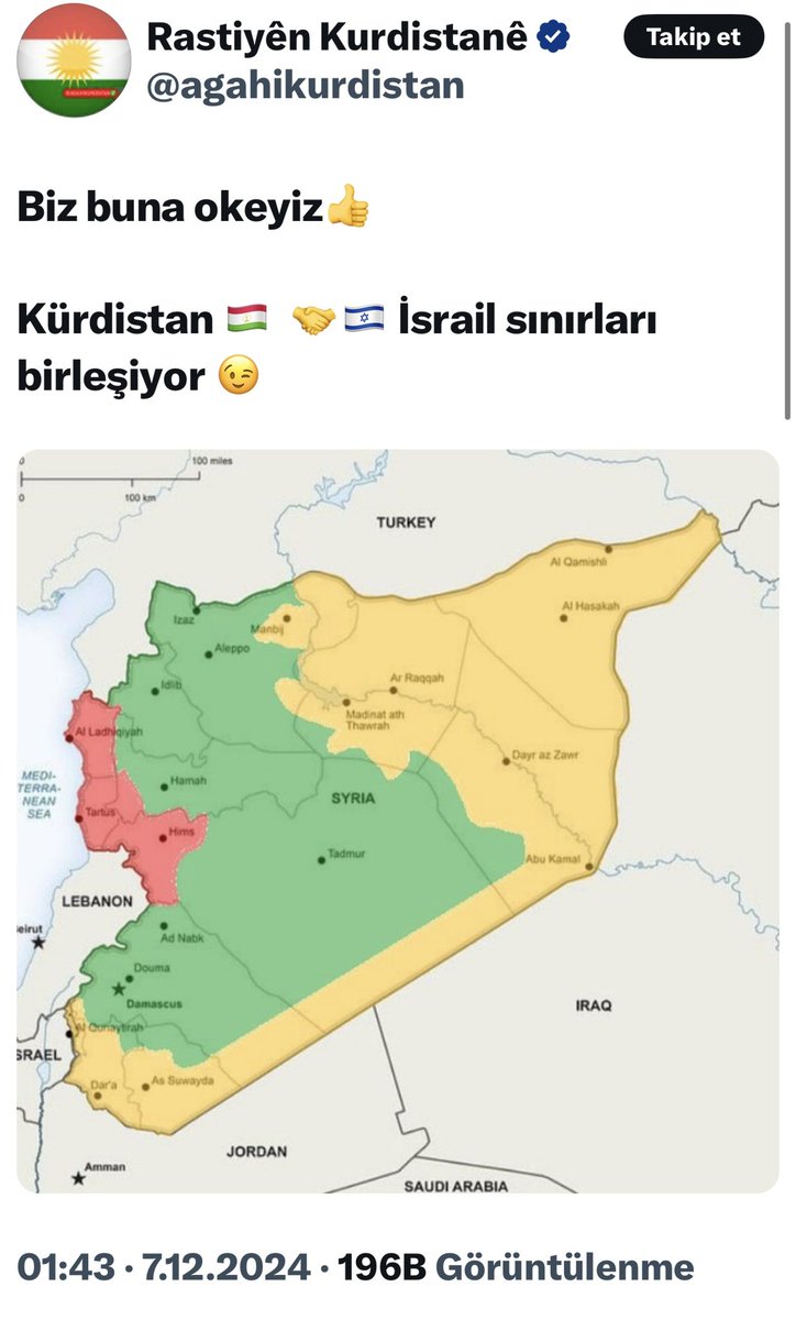 nedimsener2010's tweet photo. PKK’lılar öyle alçak öyle satılmış ki; daha dün Esad’ın kendilerine terk ettikleri bugün ise kaybettikleri alan üzerinden soykırımcı İsrail ile komşuluk hayali kurup g.tlerinden uydurdukları haritaları yayınlıyorlardı. 
Şimdi Esad’ın verdiği ve ABD’nin desteği ile elinde tuttukları alanları da kaybediyorlar, beter olacaklar az sabır.