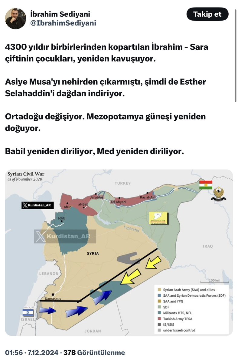 nedimsener2010's tweet photo. PKK’lılar öyle alçak öyle satılmış ki; daha dün Esad’ın kendilerine terk ettikleri bugün ise kaybettikleri alan üzerinden soykırımcı İsrail ile komşuluk hayali kurup g.tlerinden uydurdukları haritaları yayınlıyorlardı. 
Şimdi Esad’ın verdiği ve ABD’nin desteği ile elinde tuttukları alanları da kaybediyorlar, beter olacaklar az sabır.