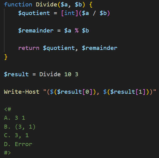 dfinke's tweet image. PowerShell Question / Quiz
What is the output of the following #PowerShell code, and why?
Comment your answers below! 👇🏻
#powershell #powershellquiz #developer #scripter