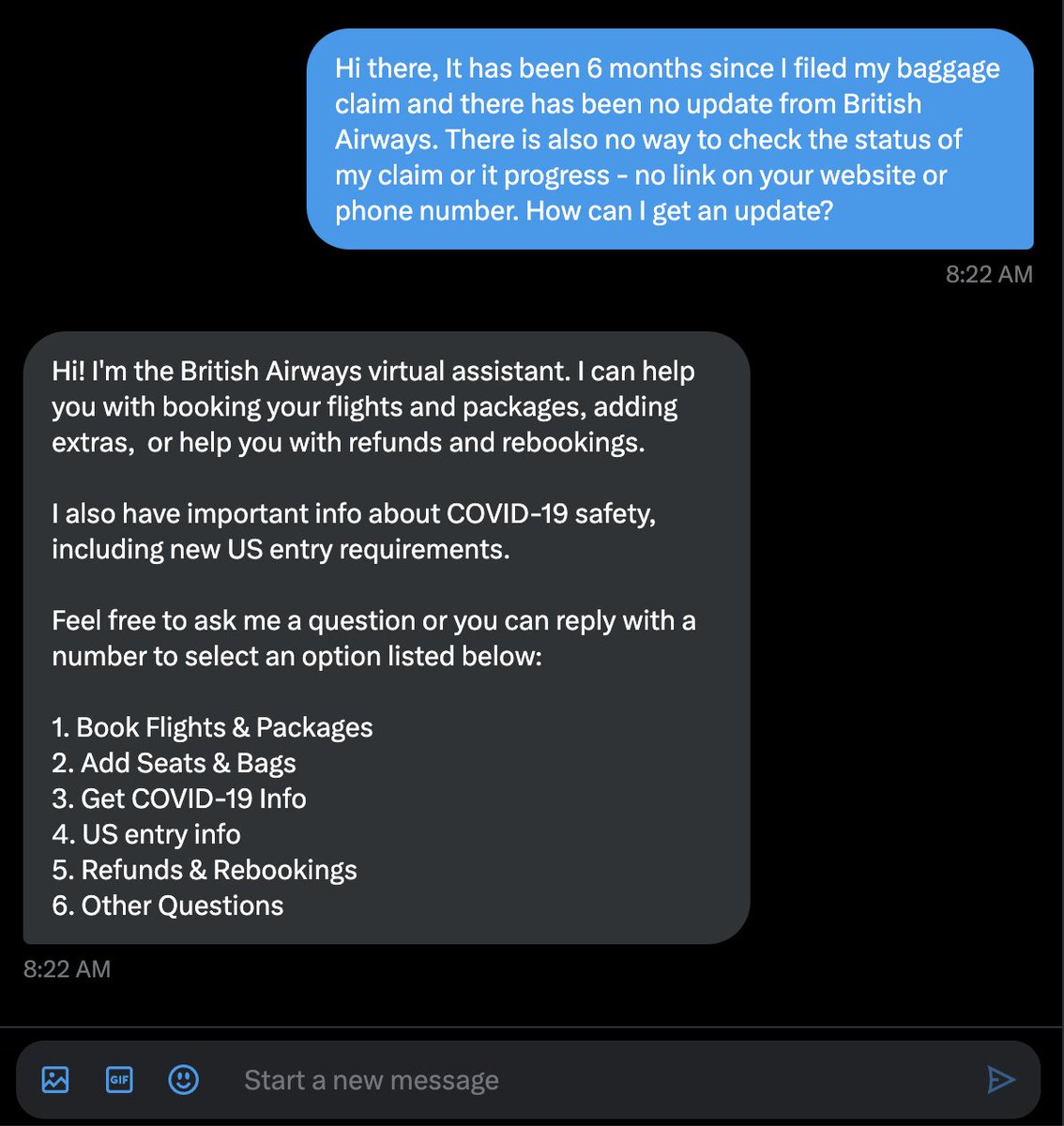 tushneem's tweet photo. @British_Airways I already did and your bot responded back right away. There is no easy way to get through to anyone at @British_Airways for any customer support issues. https://t.co/09cuTh5ZC3