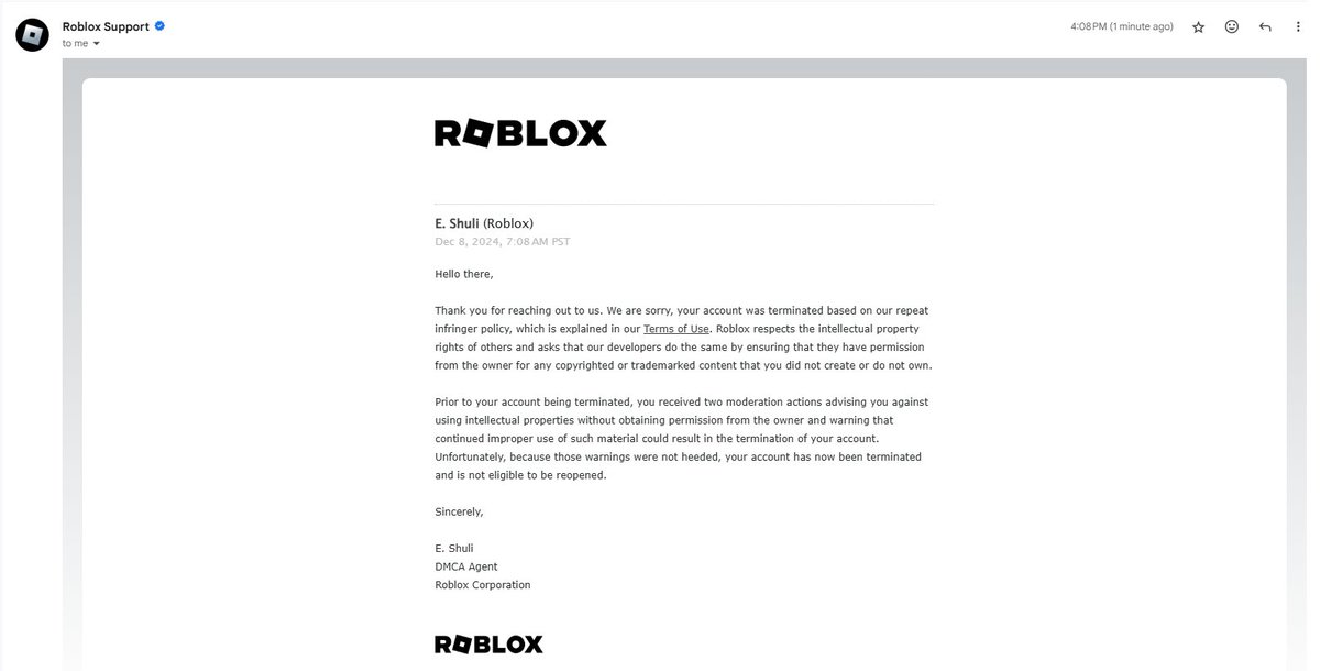 Ain't no fucking way.

I have been DMCA striked for the asset that I've made and I own originally, and now I am not eligible to get my account reopened, is that a joke? <a href="/Roblox/">Roblox</a> #ROBLOX