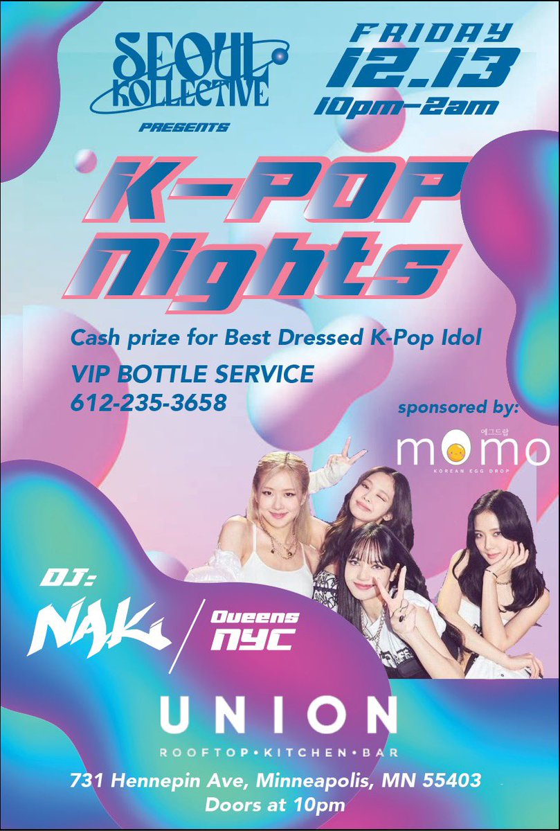 🎶 K-POP PARTY ALERT! 🎶 BRING YOUR LIGHT STICKS!

📍 Union Rooftop
📅 Friday, December 13, 2024
⏰ 10 PM – 2 AM
💵 $10 Cover

💸 CASH PRIZE for the BEST-DRESSED K-POP IDOL