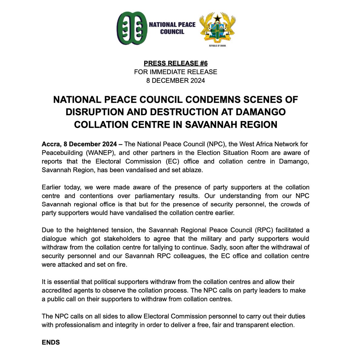 PeaceCouncilGH's tweet photo. PRESS RELEASE #6
Sunday 8 December
The National Peace Council condemns scenes of disruption and destruction at #Damango collation centre in #Savannah Region.
#GhanaDecides2024 #GhanaPolls2024