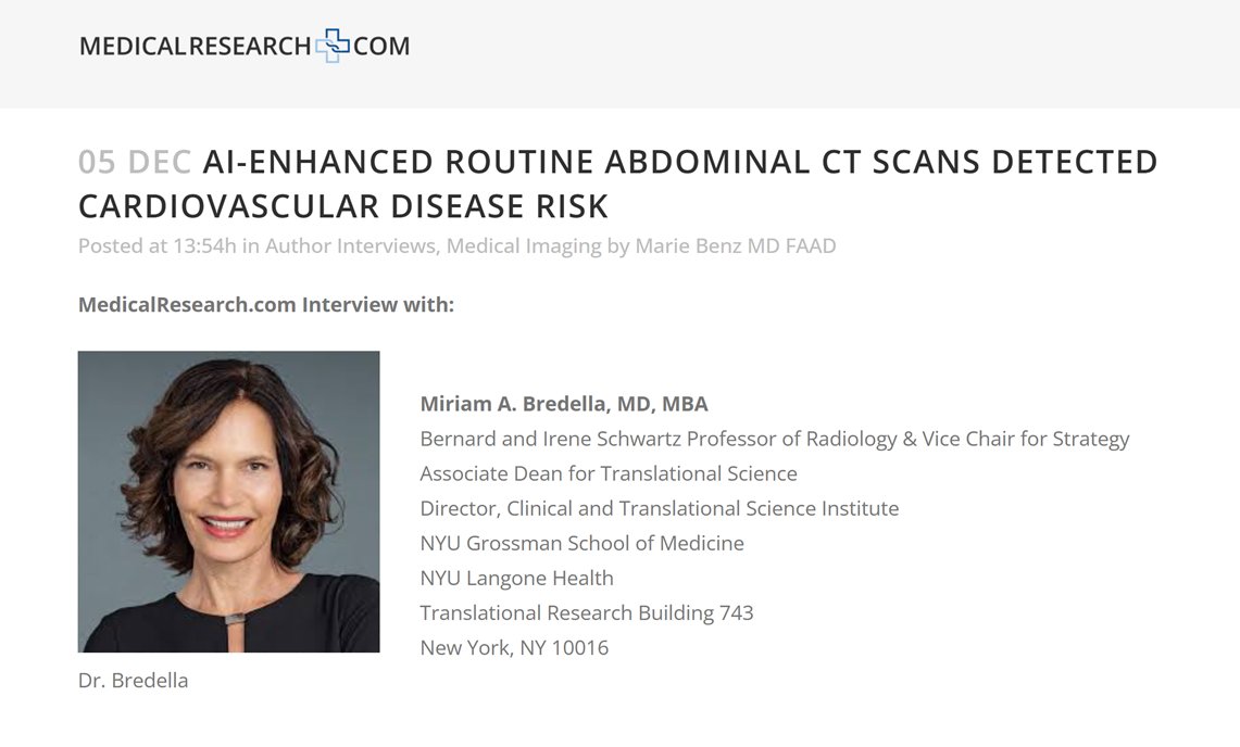 Miriam Bredella, MD, MBA, FACR (@bredellamd) on Twitter photo 🚨New Study Alert!🚨AI-enhanced routine abdominal CT scans can now detect cardiovascular disease risk! We found that AI can identify vascular calcification, predicting major adverse cardiovascular events.🫀#RSNA2024 <a href="/nyugrossman/">NYU Grossman School of Medicine</a> <a href="/nyulangone/">NYU Langone Health</a> <a href="/NYUImaging/">NYU Langone Health Department of Radiology</a> <a href="/RSNA/">RSNA</a> 🚨New Study Alert!🚨AI-enhanced routine abdominal CT scans can now detect cardiovascular disease risk! We found that AI can identify vascular calcification, predicting major adverse cardiovascular events.🫀#RSNA2024 <a href="/nyugrossman/">NYU Grossman School of Medicine</a> <a href="/nyulangone/">NYU Langone Health</a> <a href="/NYUImaging/">NYU Langone Health Department of Radiology</a> <a href="/RSNA/">RSNA</a>