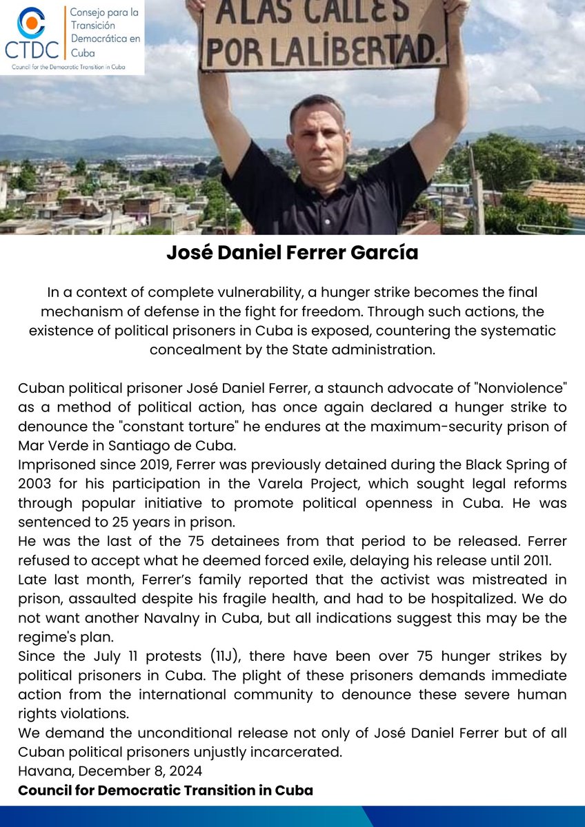 ngotranslations's tweet photo. #Cuba 🚨 The Council for Democratic Transition in Cuba calls on the world: José Daniel Ferrer, pro-democracy leader & prisoner of conscience, is on day 3 of a hunger strike protesting brutal torture. His life is at grave risk. Demand his immediate release & all Cuban political prisoners! ✊ 
#Canada #HumanRights #FreeFerrer @jdanielferrer @CubaTransicion