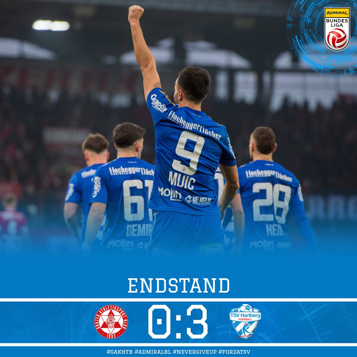 tsv_hartberg's tweet photo. Schlusspfiff! Wir feiern einen hochverdienten 3:0-Auswärtssieg beim GAK!
#gakhtb #admiralbl #forzatsv #nevergiveup https://t.co/jSsyH0rnGO