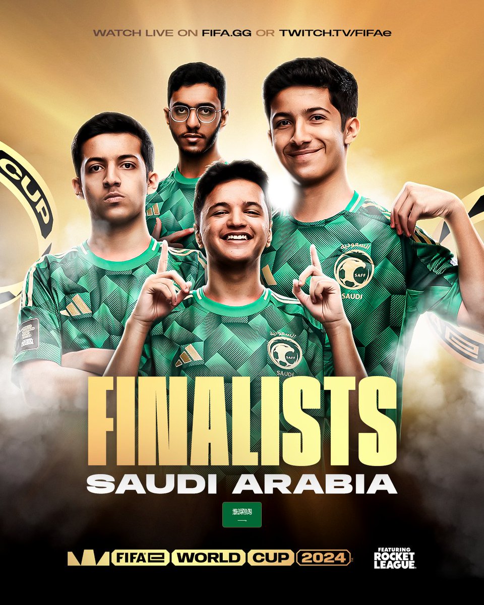 FIFAe's tweet photo. Our first finalists confirmed! ✅

Can Saudi Arabia take it all the way and claim the FIFAe World Cup featuring Rocket League trophy on home soil? 🇸🇦

Watch via https://t.co/g01iW3x4BL &amp; https://t.co/uraMwbdS3x

#FeWCRL https://t.co/K7EW8CaU83
