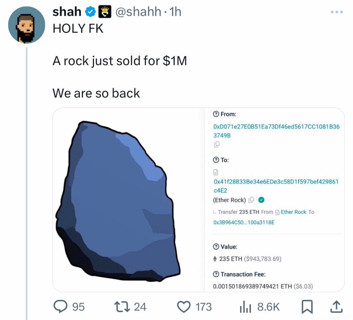 3orovik's tweet photo. Ether Rocks are selling for $1 million again

The NFT bull market is so back! https://t.co/TCufKZoYjW