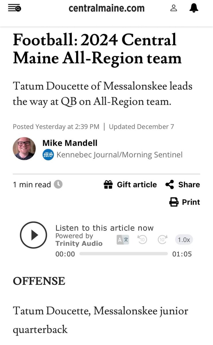Blessed to be named the QB for the Central Maine All-Region team! #AGTG <a href="/CoachHuff/">Charles C. Huff</a> <a href="/Blair7Doucette/">Coach Blair Doucette</a> <a href="/QBHitList/">QBHitList.com</a> <a href="/PrepRedzone/">Prep Redzone 🏈</a>