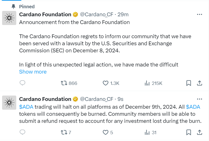 Cardano Foundation X account has been hacked.

There is no SEC lawsuit and $ADA will not be shut down or burned.

Please stop liking and retweeting those tweets.
