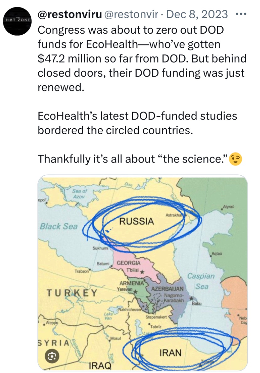 restonvirus's tweet photo. @DrGerryParker Ya gotta think creatively, &amp; study a map, to understand this funding mystery.😉

Look where EcoHealth was working on behalf of the US DOD (hint: between the circled nations).

https://t.co/6y8sp1PEFP https://t.co/ryrEQlsOsi