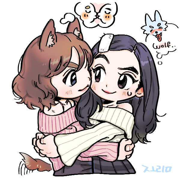 An illustration of two anime girls hugging, one with brown hair and fox ears in a pink sweater, the other with dark hair and a note on her forehead in a cream sweater, with small animal thought bubbles labeled 'Wolf'.