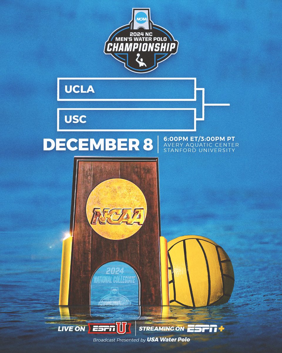USA Water Polo (@usawp) on Twitter photo It’s come down to a battle of LA in the Bay!
2024 <a href="/NCAA_Water_Polo/">NCAA Water Polo</a> Men’s Championship
<a href="/UCLAWaterPolo/">UCLA Water Polo</a> vs <a href="/USCWaterPolo/">USC Water Polo</a>
Watch LIVE on <a href="/ESPNU/">ESPNU</a> and streaming on <a href="/ESPNPlus/">ESPN+</a> at 6pm et/3pm pt with <a href="/GregMescall/">Greg Mescall</a> and John Abdou on the call. #waterpolo #NCAAWPolo #ucla #usc It’s come down to a battle of LA in the Bay!
2024 <a href="/NCAA_Water_Polo/">NCAA Water Polo</a> Men’s Championship
<a href="/UCLAWaterPolo/">UCLA Water Polo</a> vs <a href="/USCWaterPolo/">USC Water Polo</a>
Watch LIVE on <a href="/ESPNU/">ESPNU</a> and streaming on <a href="/ESPNPlus/">ESPN+</a> at 6pm et/3pm pt with <a href="/GregMescall/">Greg Mescall</a> and John Abdou on the call. #waterpolo #NCAAWPolo #ucla #usc