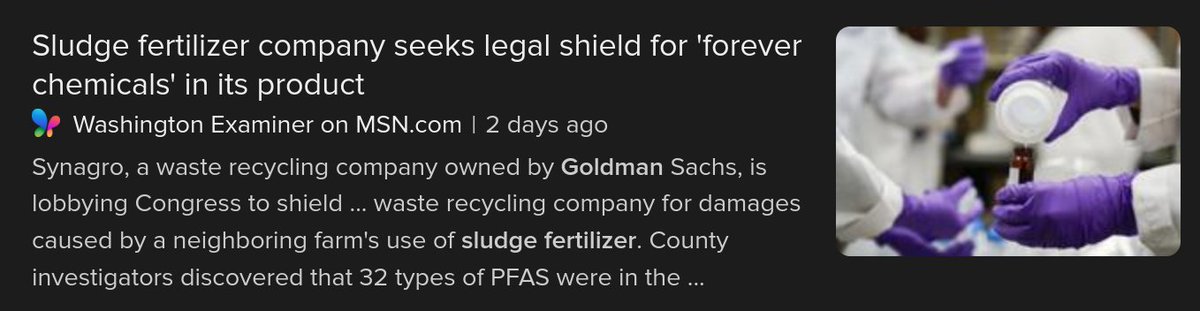 It doesn't get weirder than this.

A Goldman Sachs-owned fertilizer company that makes its product by recycling sewage is seeking legal indemnity.

Why?

Because their product contains 32-types of forever chemicals and is linked to growing rates illness among consumers.

🤮🤮🤮