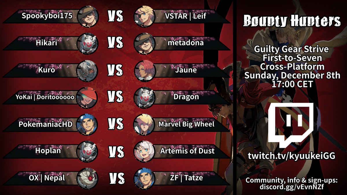 I love Guilty Gear, and thankfully all my Sunday evenings are filled with it! Come watch these brave warriors swing hard at 5PM CET when the weekly Bounty Hunters GGST FT7 show-matches kick off today.

See you @ twitch.tv/kyuukeiGG in 20 minutes!