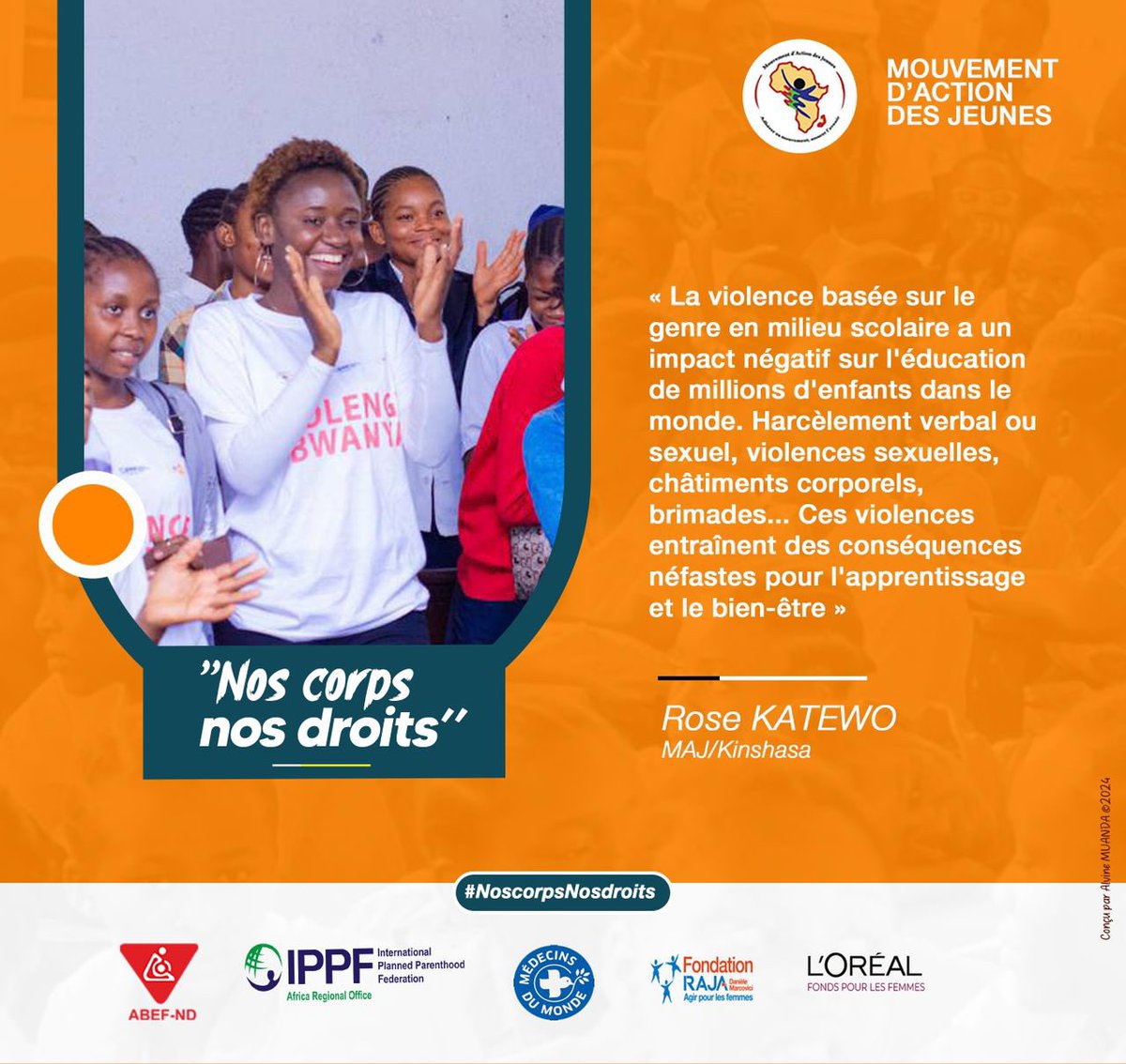 Sophia Tshela (@sophiatshela) on Twitter photo #NosCorpsNosDroits
#16JoursdActivisme
Les violences basée sur les genres dans le milieu scolaire ont un impact négatif sur l’éducation des enfants.
#StopVBG ❌
<a href="/MajRDCongo/">MAJ/YAM RDC🇨🇩</a>
<a href="/abefnd_rdc/">ABEF-ND RDC</a>
<a href="/IPPFAR/">IPPFAR</a>
<a href="/MondeRdc/">Médecins du Monde RDC</a>
<a href="/MdM_France/">Médecins du Monde</a>
<a href="/FondationLOreal/">Fondation L'Oréal</a>
<a href="/FondationRaja/">Fondation RAJA - Danièle Marcovici</a> #NosCorpsNosDroits
#16JoursdActivisme
Les violences basée sur les genres dans le milieu scolaire ont un impact négatif sur l’éducation des enfants.
#StopVBG ❌
<a href="/MajRDCongo/">MAJ/YAM RDC🇨🇩</a>
<a href="/abefnd_rdc/">ABEF-ND RDC</a>
<a href="/IPPFAR/">IPPFAR</a>
<a href="/MondeRdc/">Médecins du Monde RDC</a>
<a href="/MdM_France/">Médecins du Monde</a>
<a href="/FondationLOreal/">Fondation L'Oréal</a>
<a href="/FondationRaja/">Fondation RAJA - Danièle Marcovici</a>