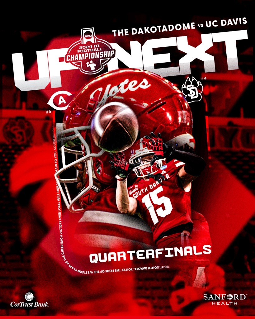 SDCoyotesFB's tweet photo. 𝐔𝐏 𝐍𝐄𝐗𝐓 ‼️

🆚: (5) UC Davis
📅: Sat., Dec. 14
⏰: 2:00 PM (CT)
📺: ESPN+ 

Ticket Information &amp; Game Updates ⤵️
📰/🎟️: https://t.co/8RQaaw2y3p

#GoYotes x #WeAreSouthDakota https://t.co/pt1RFMrkON