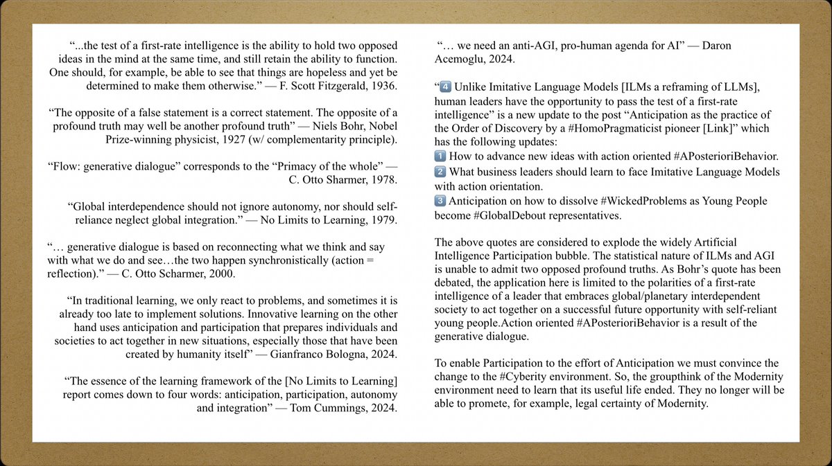 gmh_upsa's tweet image. The end of the obstacles blocking humans identified by @DAcemogluMIT are claimed on the “Fourth update. Unlike Imitative Language Models [ILMs a reframing of LLMs], human leaders have the opportunity to pass the test of a first-rate intelligence.”

Link: linkedin.com/posts/jos%C3%A….