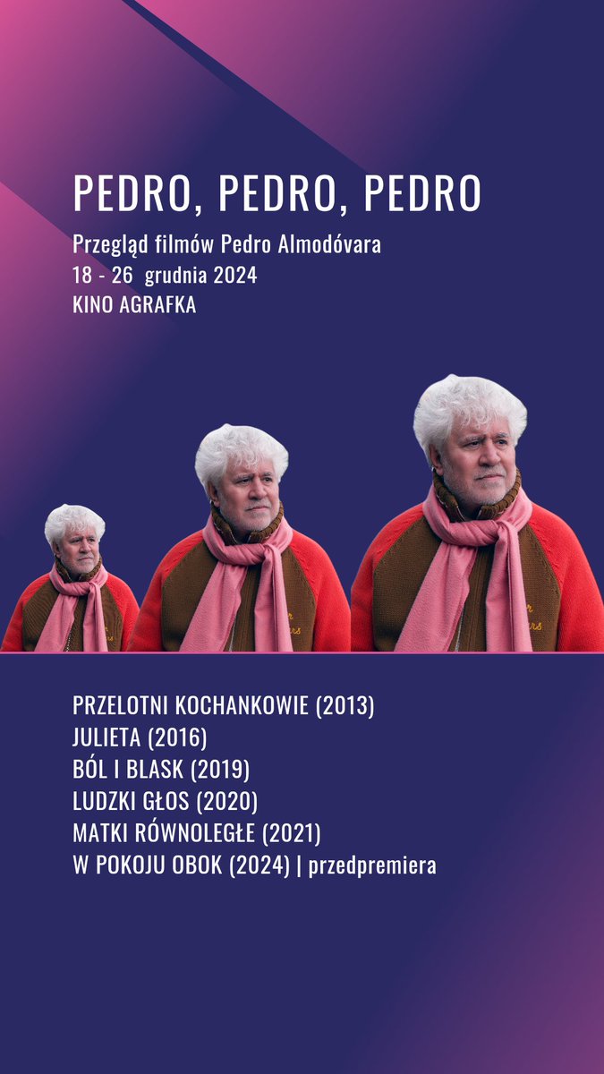 krkinopl's tweet photo. Przegląd filmów #PedroAlmodóvar  w Kinie Agrafka od 18 grudnia.
Szczegóły https://t.co/BHD24l6Glz

@gutekfilm https://t.co/iRI1J7oTMG