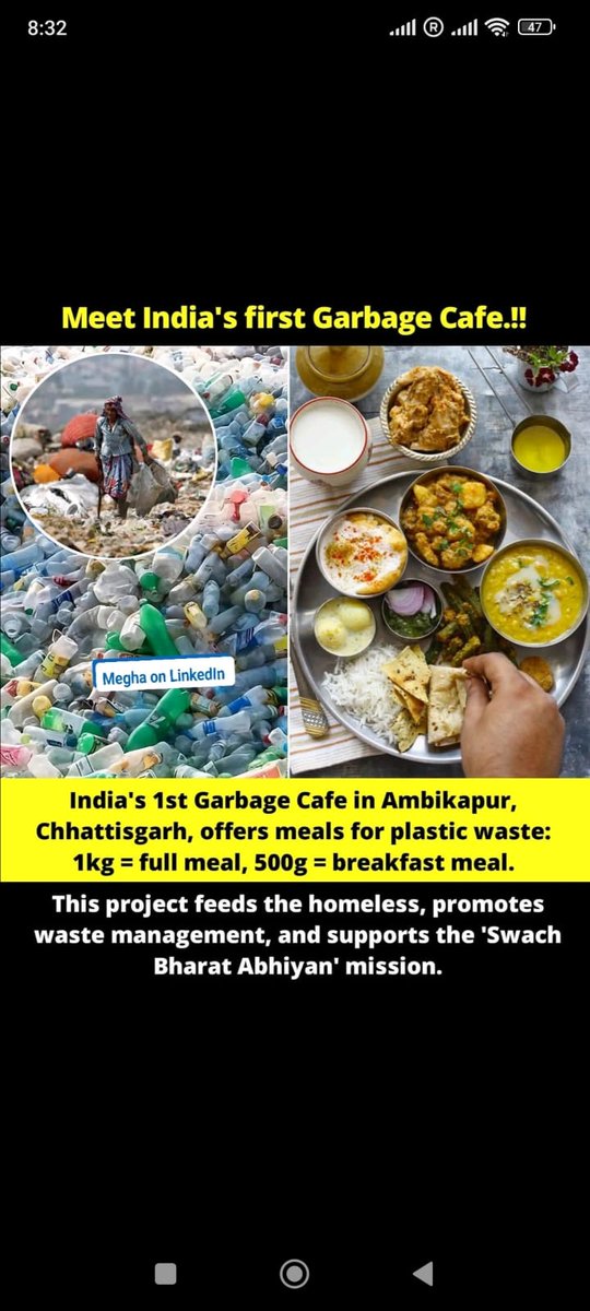 mamta691's tweet photo. Where else in the world will you find a Cafe like this?! 👏

India’s first #GarbageCafe in Ambikapur, Chhattisgarh, offers meals in exchange for plastic waste. 1 kg of plastic = a full meal, 500g = breakfast.

A brilliant initiative promoting waste management, feeding the needy, and even building roads with recycled plastic. #SwachhBharat #Innovation