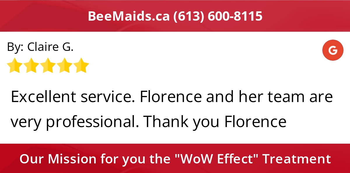BeemaidsOttawa's tweet photo. 5 Star: Claire G. "Excellent service. Florence and her team are very professional. Thank you Florence" https://t.co/N6l1d2J3nA