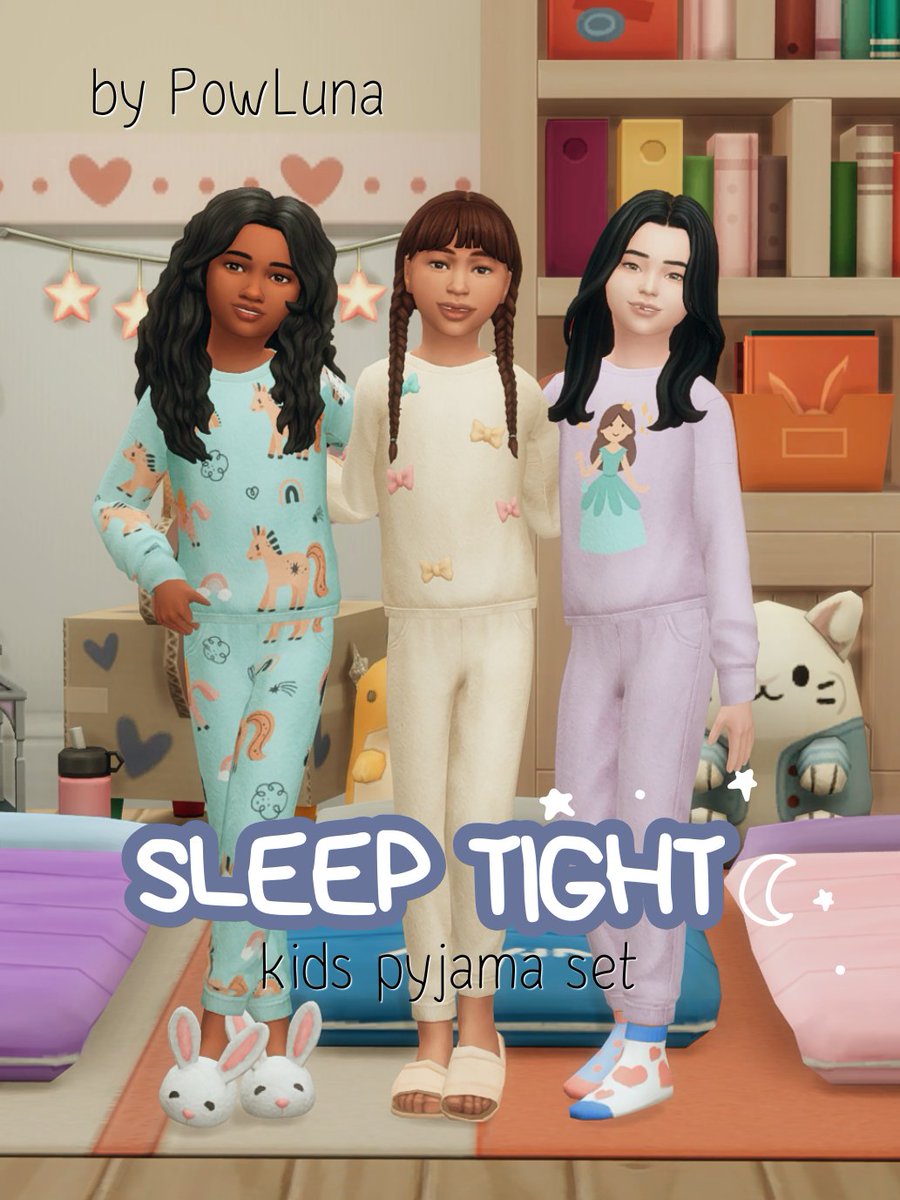 powluna58's tweet photo. Someone from the community asked for more sleepwear and voilà, this set was born 🎀 There are SO many ways to mix and match the pieces, your kids will never need any other sleepwear again 😄As always, get it now and support my work or wait a bit: https://t.co/XKRNF2bxih #thesims4 https://t.co/EuORx4lGsf