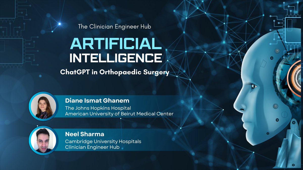 Honored to have been a part of the #ArtificialIntelligence discussion that has been ongoing with the <a href="/clinicengine/">Clinician Engineer Hub</a> hub, discussing some applications of <a href="/ChatGPTapp/">ChatGPT</a> in #OrthopaedicSurgery 🤖

Find the full webinar on
m.youtube.com/watch?si=1sCUU…