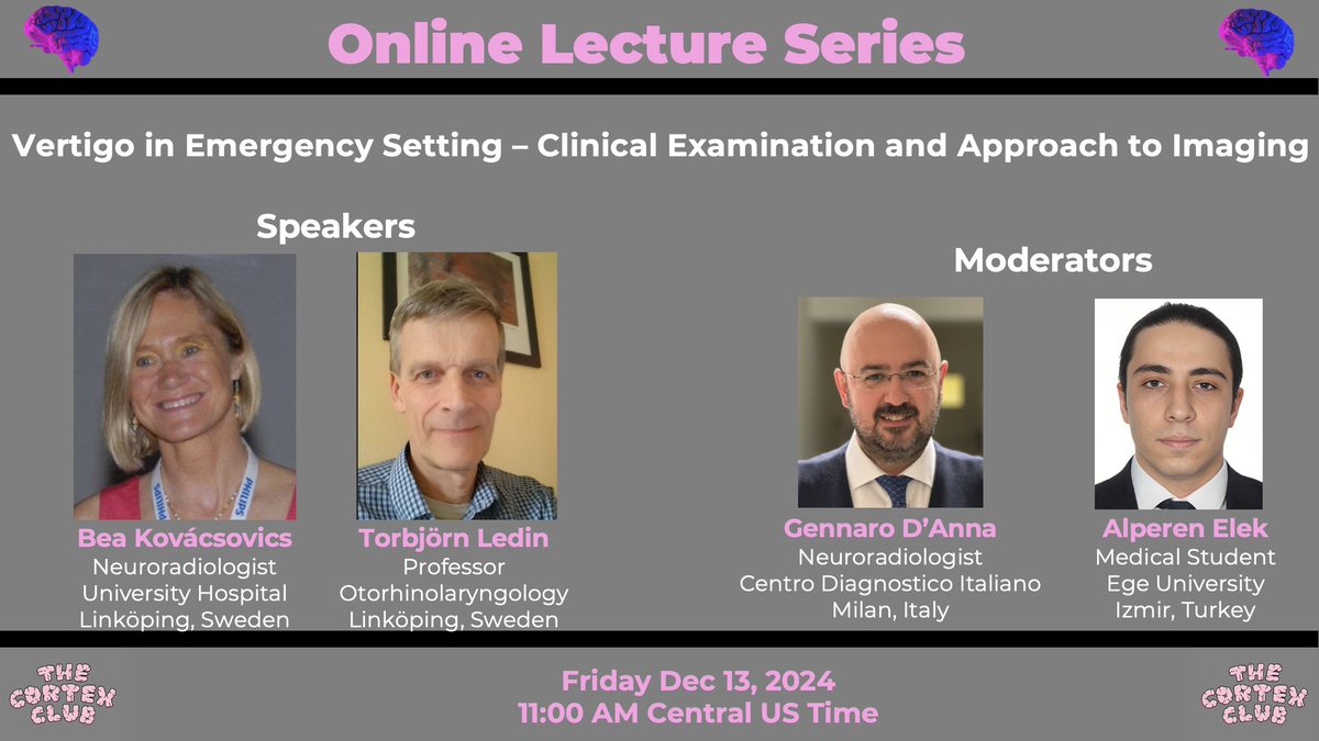 Mohit Agarwal (@mohittccneuro) on Twitter photo The quest for knowledge continues! Join us for this combined clinical and radiologic session on vertigo by the amazing <a href="/kovacsovics_bea/">Beatrix Kovácsovics</a> 🇸🇪and Torbjörn Ledin 🇸🇪on the T-bone <a href="/thecortexclub/">The Cortex Club</a> webinar series on Friday, Dec 13 at 11AM Central US time
Register here: The quest for knowledge continues! Join us for this combined clinical and radiologic session on vertigo by the amazing <a href="/kovacsovics_bea/">Beatrix Kovácsovics</a> 🇸🇪and Torbjörn Ledin 🇸🇪on the T-bone <a href="/thecortexclub/">The Cortex Club</a> webinar series on Friday, Dec 13 at 11AM Central US time
Register here: