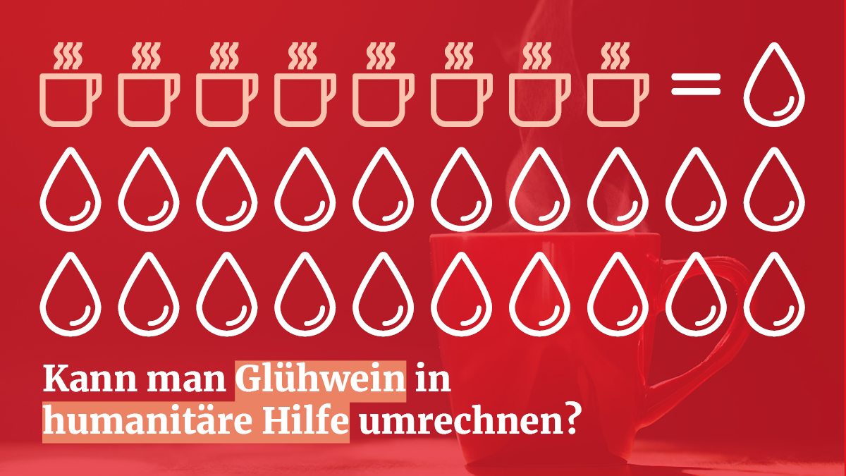 Kann man Glühwein in humanitäre Hilfe umrechnen? So einfach natürlich nicht.

Mit 40€, also ungefähr 8 Glühwein auf dem Weihnachtsmarkt, können wir 20 Wasserkanister für die humanitäre Hilfe kaufen!

Jetzt spenden: drk.de/weihnachten