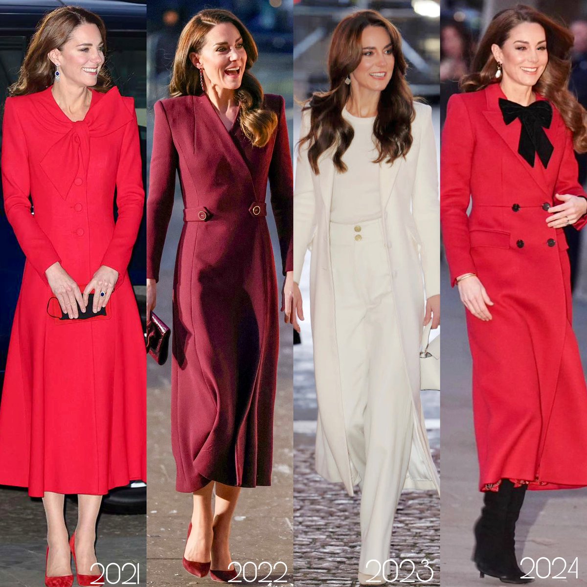RoyallyBelle_'s tweet photo. The Princess of Wales at her Christmas Carol services over the years 🎄

Which is your favourite look? ❤️ https://t.co/W4MXtEk5aR