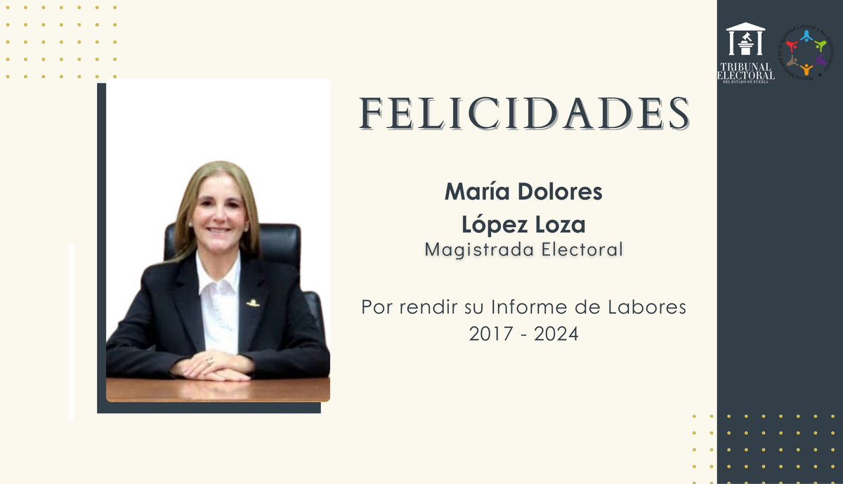 Tribunal Electoral del Estado de Puebla (@trielecpue) on Twitter photo Felicitamos a la Mtra. 𝐌𝐚𝐫𝐢́𝐚 𝐃𝐨𝐥𝐨𝐫𝐞𝐬 𝐋𝐨𝐩𝐞𝐳 𝐋𝐨𝐳𝐚 (<a href="/lolitalopezloza/">María Dolores López Loza</a>) por rendir su informe de Labores 2017 - 2024 como magistrada del <a href="/TEEGTO/">Tribunal Estatal Electoral de Guanajuato</a> .
Que sigan los éxitos. 🤝🏻 Felicitamos a la Mtra. 𝐌𝐚𝐫𝐢́𝐚 𝐃𝐨𝐥𝐨𝐫𝐞𝐬 𝐋𝐨𝐩𝐞𝐳 𝐋𝐨𝐳𝐚 (<a href="/lolitalopezloza/">María Dolores López Loza</a>) por rendir su informe de Labores 2017 - 2024 como magistrada del <a href="/TEEGTO/">Tribunal Estatal Electoral de Guanajuato</a> .
Que sigan los éxitos. 🤝🏻
