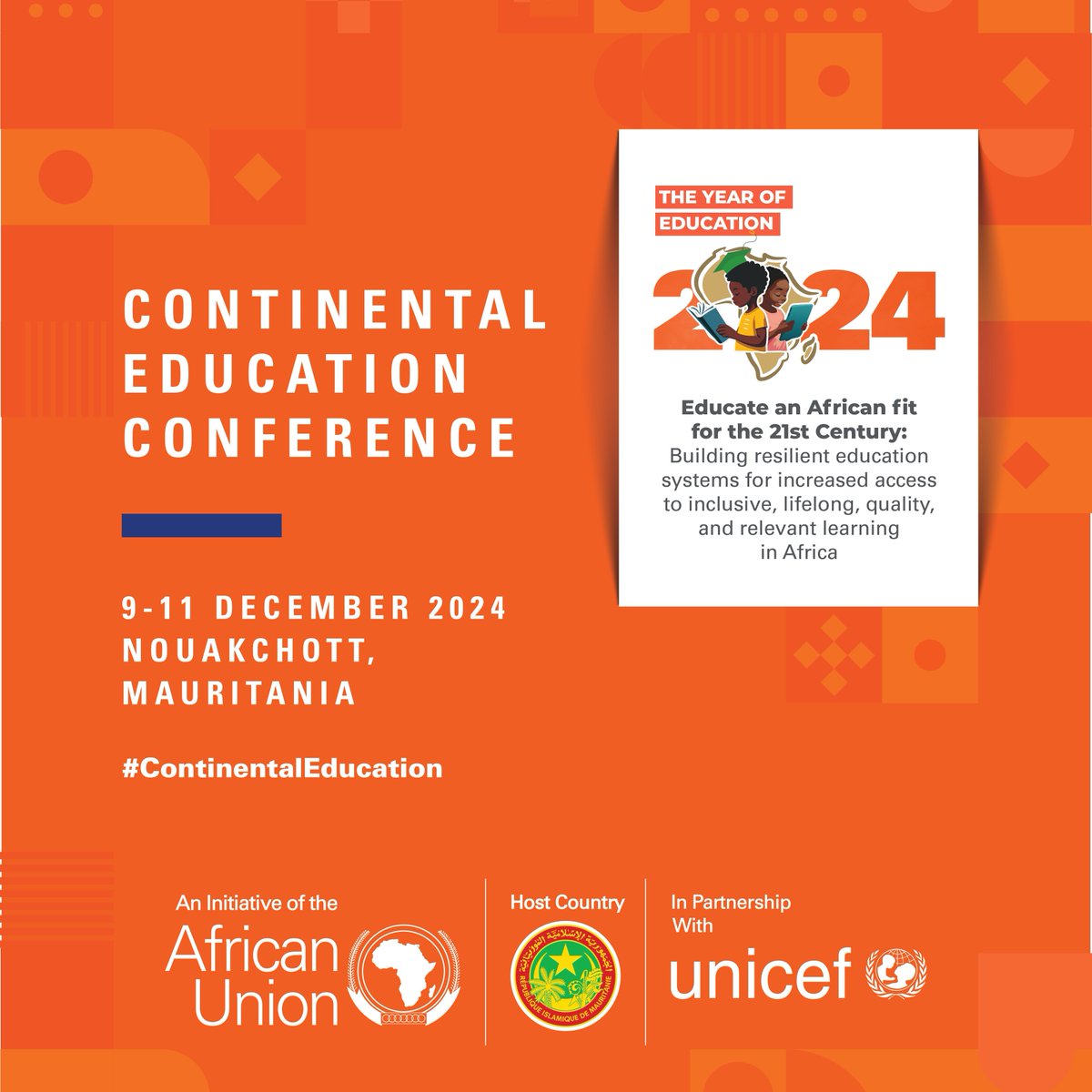 UNICEFAfrica's tweet photo. It’s time to transform education in Africa! 🎒🏫

Join the conversation about the future of education during the 2024 #ContinentalEducation Conference.
It’s all happening tomorrow in Nouakchott, #Mauritania, from 9 to 11 December!

Learn more 👉🏿https://t.co/UOTlxCxwg0 https://t.co/x5ndUVTUeg